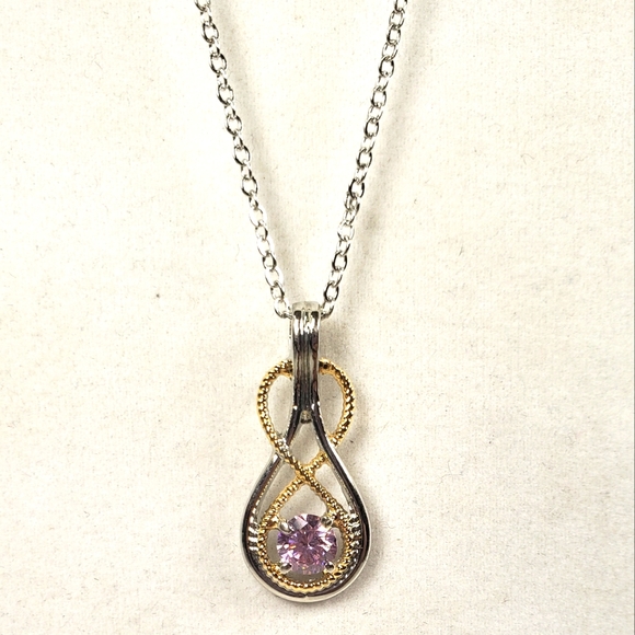 Double Infinity Shape Pink Crystal Stone Gold & Silver Tone Pendant and … - Picture 1 of 6